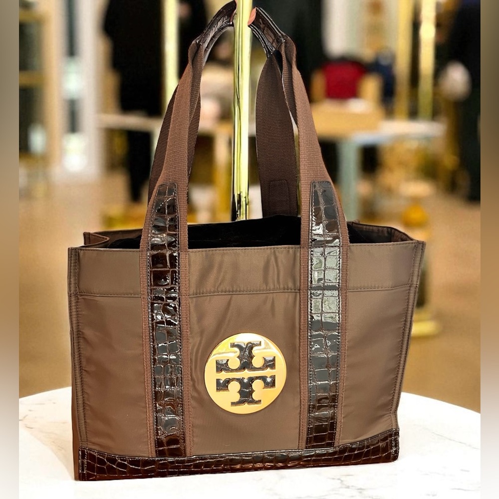 TORY BURCH Ella Tote Brown Nylon Gold Logo w Black Croc Embossed Patent Leather